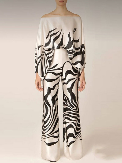 Žensko ležerno odijelo s printom od satena, modne majice s otvorenim ramenima i dugim hlačama, kompleti od 2 komada, proljeće 2023., široka odjeća za putovanje na posao