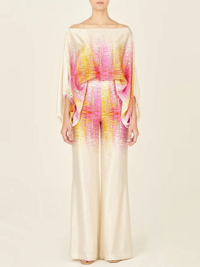 Žensko ležerno odijelo s printom od satena, modne majice s otvorenim ramenima i dugim hlačama, kompleti od 2 komada, proljeće 2023., široka odjeća za putovanje na posao