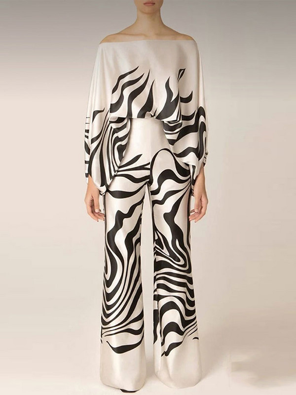 Žensko ležerno odijelo s printom od satena, modne majice s otvorenim ramenima i dugim hlačama, kompleti od 2 komada, proljeće 2023., široka odjeća za putovanje na posao