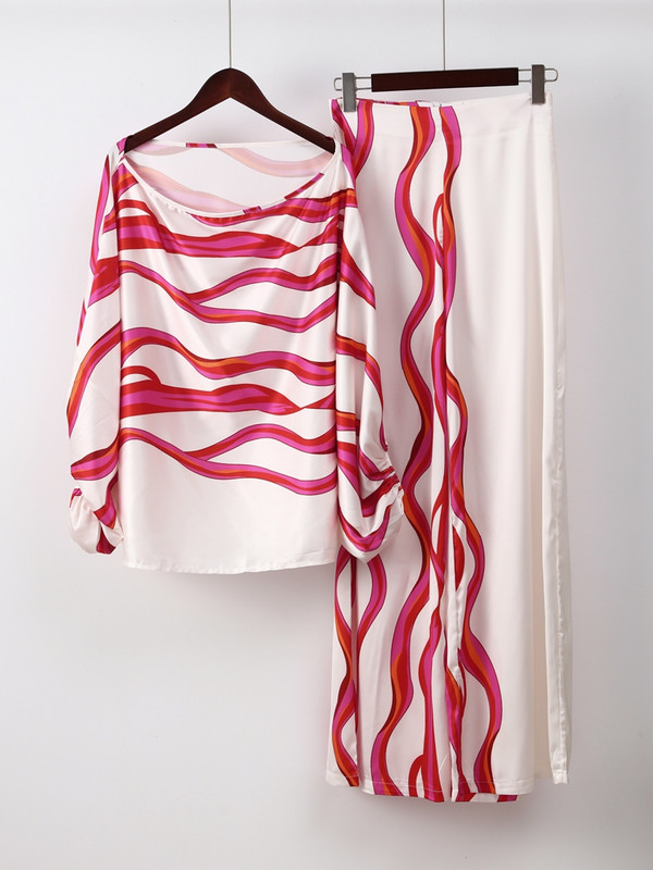 Žensko ležerno odijelo s printom od satena, modne majice s otvorenim ramenima i dugim hlačama, kompleti od 2 komada, proljeće 2023., široka odjeća za putovanje na posao