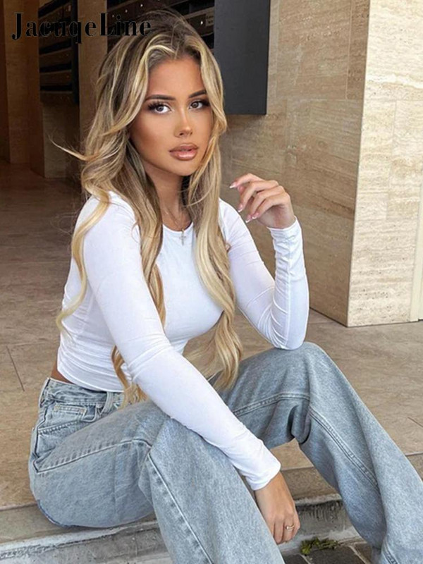 Jacuqeline Seksi uske kratke majice dugih rukava Ženske ležerne jednobojne jednobojne majice s naborima s O izrezom Jesen 2023. Bijela uska potkošulja