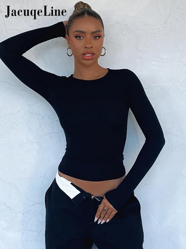 Jacuqeline Seksi uske kratke majice dugih rukava Ženske ležerne jednobojne jednobojne majice s naborima s O izrezom Jesen 2023. Bijela uska potkošulja