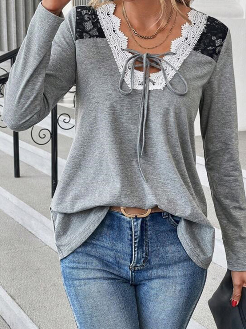 2023. aasta sügistalvine pitsliitmik, pikkade varrukatega pluus Elegantne V-kaelusega naiste naiste kontoris vabaaja tavapärane, lihtsas stiilis šikk tops