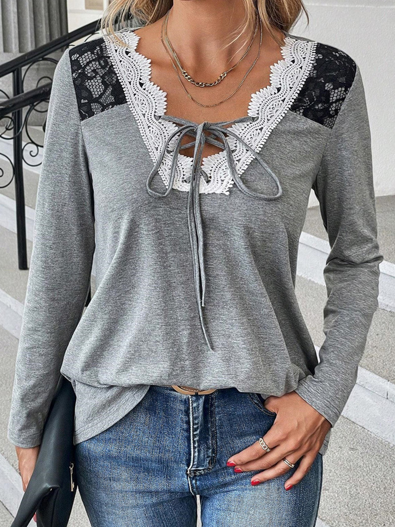 2023. aasta sügistalvine pitsliitmik, pikkade varrukatega pluus Elegantne V-kaelusega naiste naiste kontoris vabaaja tavapärane, lihtsas stiilis šikk tops