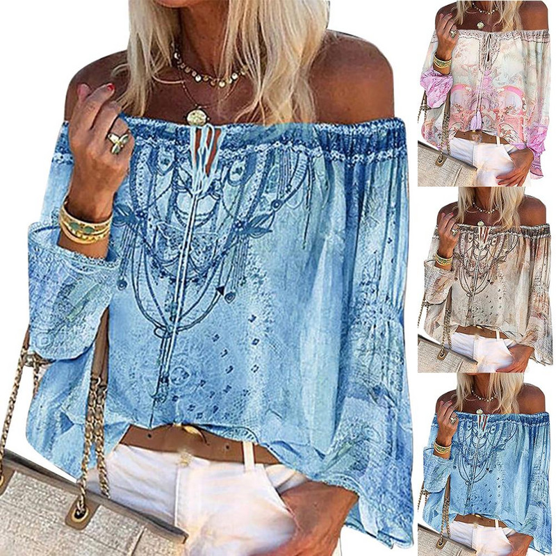 Bluză din șifon pentru femei, cu mânecă lungă, cu umăr dezactivat, cu imprimeu floral, Topuri cu șireturi, Cămăși Bluze pentru femei, Topuri casual sexy