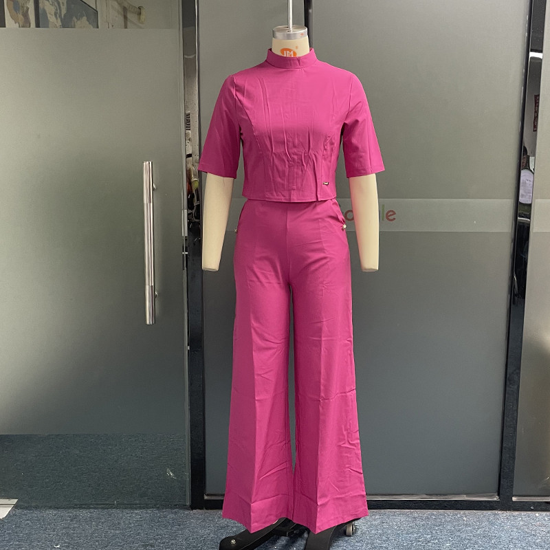 LIYONG ženski dvodijelni set Ljetni modni jednobojni top s okruglim izrezom i kratkim rukavima Ležerni široki kompleti hlača širokih nogavica Visoka ulična odjeća