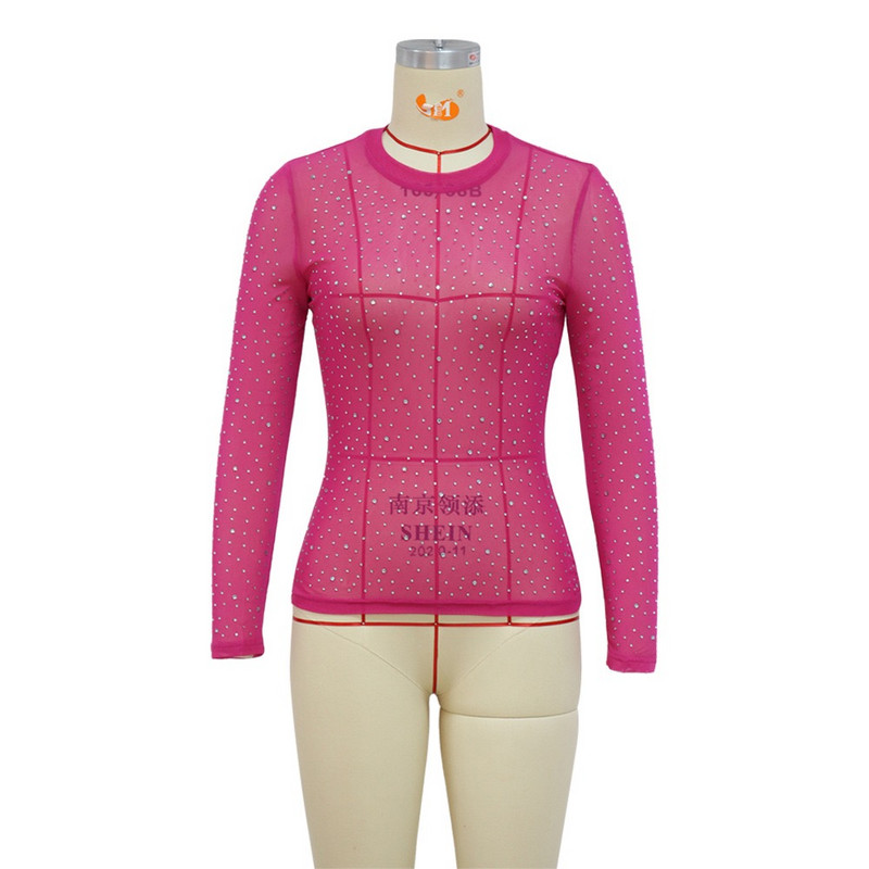 Jesen Zima Nove košulje za žene Dijamantni puloveri s punim rukavima i okruglim izrezom Seksi večernja noćna zabava Klubske bluze i košulje Tkanina