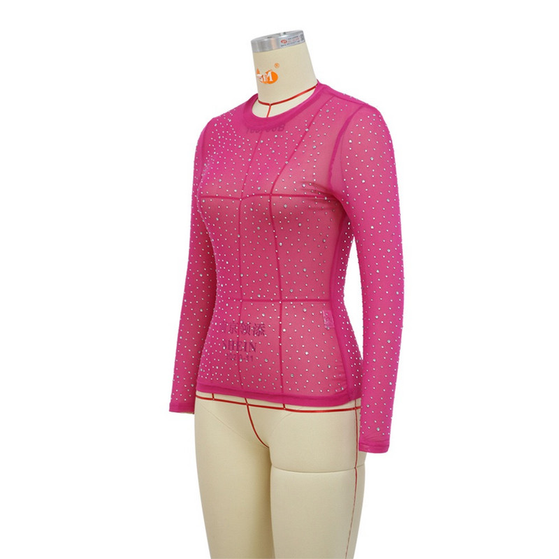 Jesen Zima Nove košulje za žene Dijamantni puloveri s punim rukavima i okruglim izrezom Seksi večernja noćna zabava Klubske bluze i košulje Tkanina