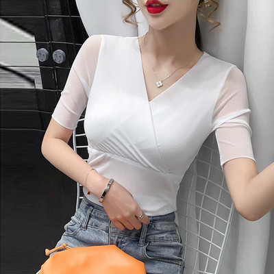 Nové módne tenké strečové topy s výstrihom do V, dámske sexy elastické tričká, veľkosť S-4XL, základné tričko s krátkym rukávom, dámske červeno-fialové biele tričko