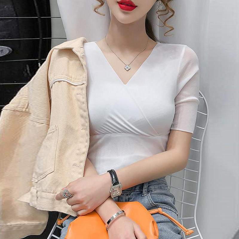 Nové módne tenké strečové topy s výstrihom do V, dámske sexy elastické tričká, veľkosť S-4XL, základné tričko s krátkym rukávom, dámske červeno-fialové biele tričko