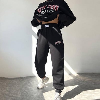 Soe kostüüm sügistalvine naiste soliidne komplekt Elegantne O-kaelusega pullover kapuuts ja taskupüksid kaheosaline komplekt Naiste vabaaja komplektid