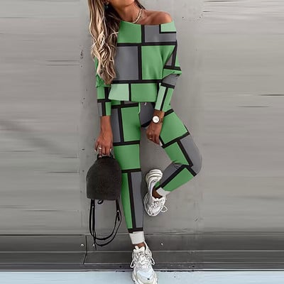 Nové dvojdielne outfity na doma, pulóver s potlačou a šikmým golierom, zladené sety, jesenno-zimná móda s dlhým rukávom pre dámy