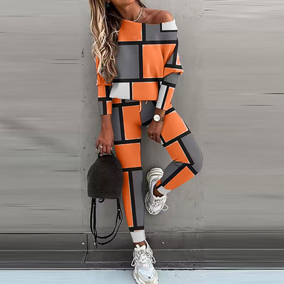 Nové dvojdielne outfity na doma, pulóver s potlačou a šikmým golierom, zladené sety, jesenno-zimná móda s dlhým rukávom pre dámy