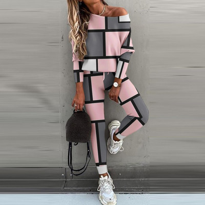 Nové dvojdielne outfity na doma, pulóver s potlačou a šikmým golierom, zladené sety, jesenno-zimná móda s dlhým rukávom pre dámy