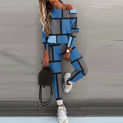 Nové dvojdielne outfity na doma, pulóver s potlačou a šikmým golierom, zladené sety, jesenno-zimná móda s dlhým rukávom pre dámy