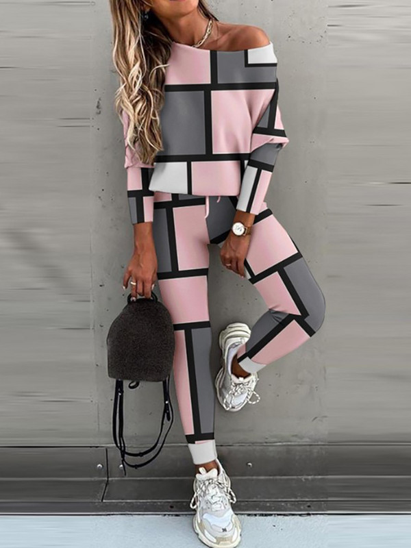 Nové dvojdielne outfity na doma, pulóver s potlačou a šikmým golierom, zladené sety, jesenno-zimná móda s dlhým rukávom pre dámy