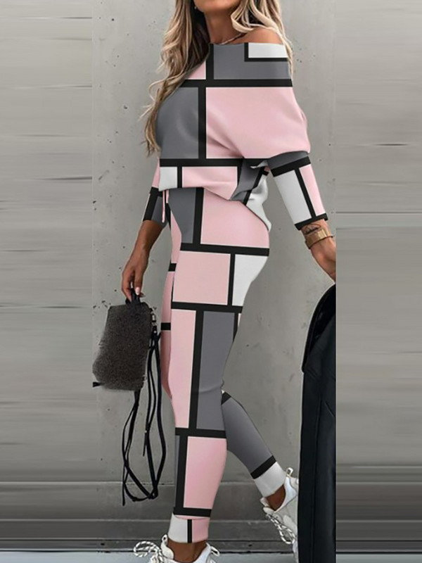 Nové dvojdielne outfity na doma, pulóver s potlačou a šikmým golierom, zladené sety, jesenno-zimná móda s dlhým rukávom pre dámy