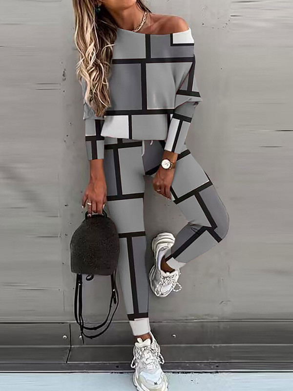 Nové dvojdielne outfity na doma, pulóver s potlačou a šikmým golierom, zladené sety, jesenno-zimná móda s dlhým rukávom pre dámy