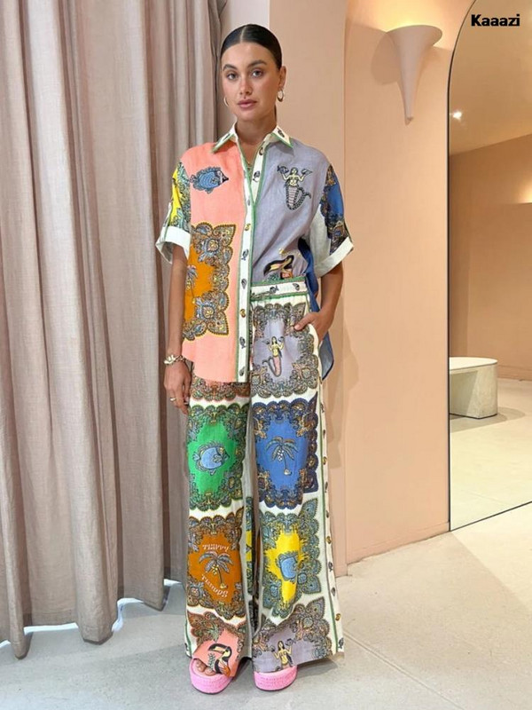 KAAAZI Moda, ležerni print, ljetno odijelo s dugim hlačama i dugim hlačama, opuštena ženska bluza kratkih rukava, dvodijelni komplet za odmor