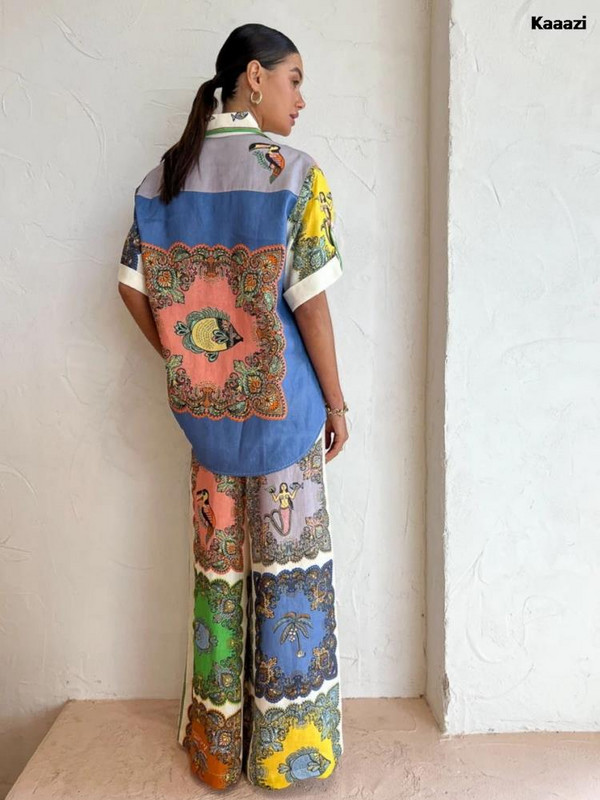 KAAAZI Moda, ležerni print, ljetno odijelo s dugim hlačama i dugim hlačama, opuštena ženska bluza kratkih rukava, dvodijelni komplet za odmor