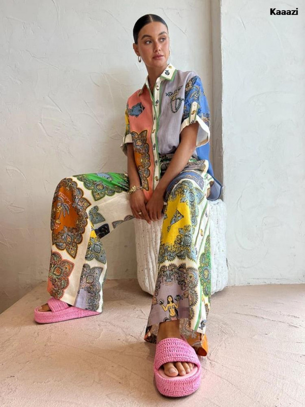 KAAAZI Moda, ležerni print, ljetno odijelo s dugim hlačama i dugim hlačama, opuštena ženska bluza kratkih rukava, dvodijelni komplet za odmor