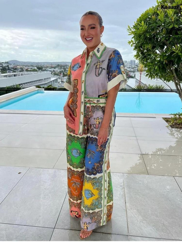KAAAZI Moda, ležerni print, ljetno odijelo s dugim hlačama i dugim hlačama, opuštena ženska bluza kratkih rukava, dvodijelni komplet za odmor