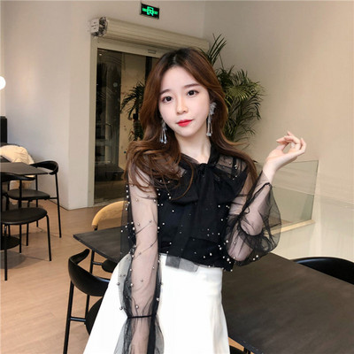 Vintage mrežaste perle na vezanje 2 dvodijelne bluze Ženske seksi prozirne bluze s O izrezom Ženske majice