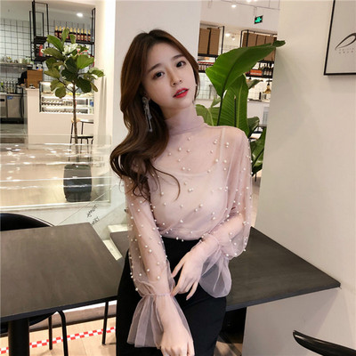 Vintage mrežaste perle na vezanje 2 dvodijelne bluze Ženske seksi prozirne bluze s O izrezom Ženske majice