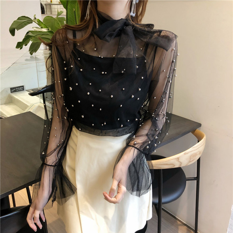 Vintage mrežaste perle na vezanje 2 dvodijelne bluze Ženske seksi prozirne bluze s O izrezom Ženske majice