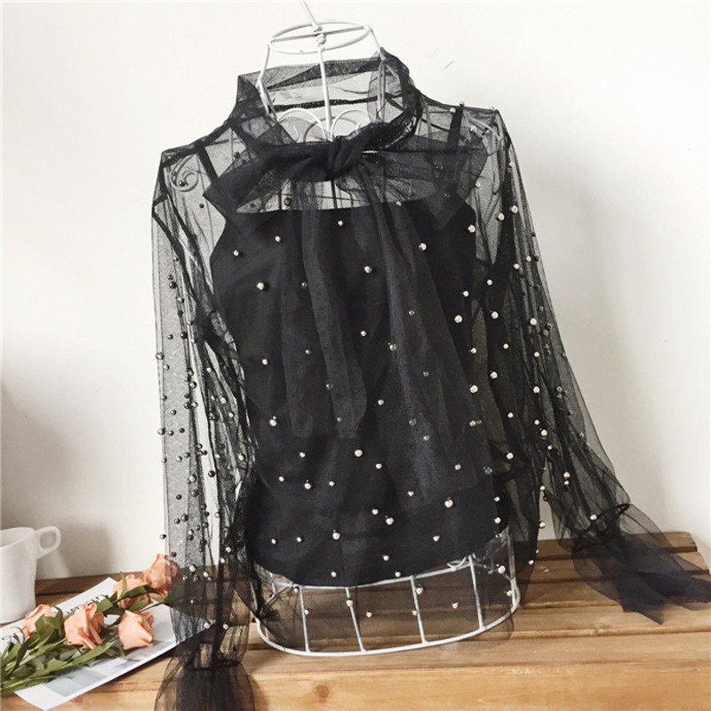 Vintage mrežaste perle na vezanje 2 dvodijelne bluze Ženske seksi prozirne bluze s O izrezom Ženske majice