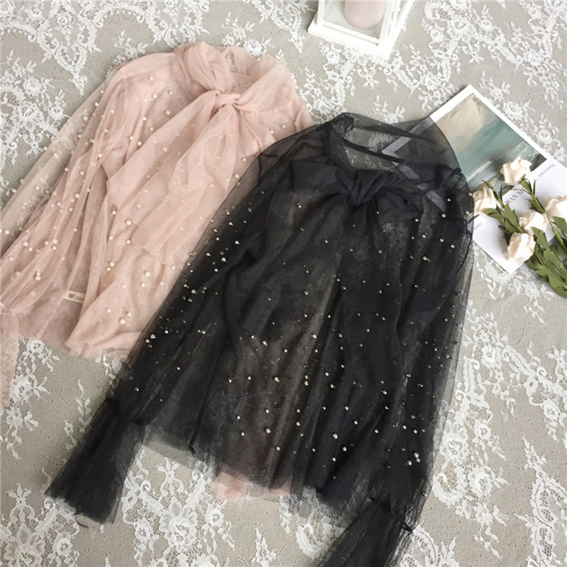 Vintage mrežaste perle na vezanje 2 dvodijelne bluze Ženske seksi prozirne bluze s O izrezom Ženske majice