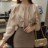 2021 Dámska móda Kórejské elegantné topy, blúzky, dámske elegantné dlhé rukávy, základné oblečenie, kancelárske blúzky s motýlikom