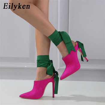 Eilyken Нов дизайн Дамски помпи с връзки на глезена Секси тънки обувки на висок ток Парти абитуриентски пързалки Женски сандали с муле