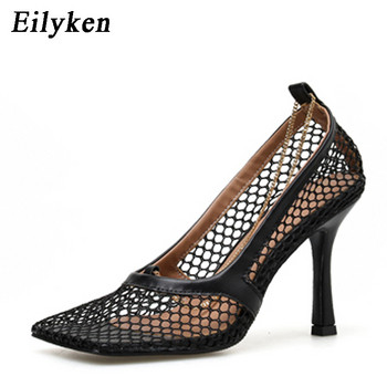 Eilyken 2024, нови есенни секси мрежести сандали с помпи Дамски квадратни пръсти, 7CM висок ток с дизайн на метална верига, кухи женски обувки