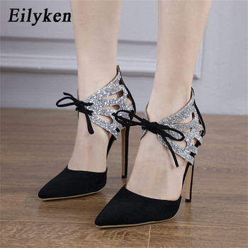 Eilyken Нов стил Дамски помпи с остри пръсти на глезена, вързани на кръст, Секси дамски обувки с пайети Абитуриентски сандали на висок ток Обувки