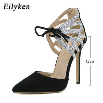 Eilyken Нов стил Дамски помпи с остри пръсти на глезена, вързани на кръст, Секси дамски обувки с пайети Абитуриентски сандали на висок ток Обувки