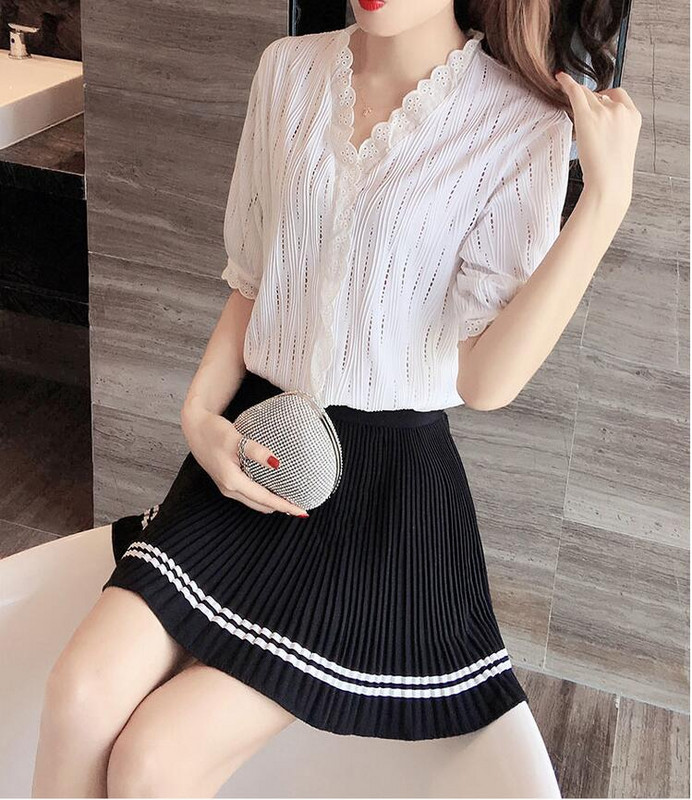 Naiste 2020. aasta armsa moe volangidega valged pluusid V kaelusega lühikeste varrukatega venivad naiste särgid Blusas šikid topid Elegantsed