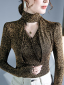 Bluza dugih rukava od zlatne svijetle pređe, ženska jesenska i zimska majica s visokim izrezom, seksi modna elastična majica s ovratnikom