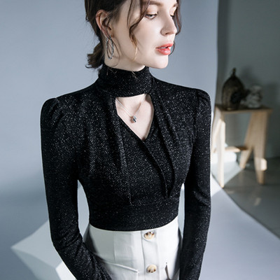 Bluza dugih rukava od zlatne svijetle pređe, ženska jesenska i zimska majica s visokim izrezom, seksi modna elastična majica s ovratnikom