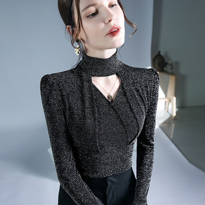 Bluza dugih rukava od zlatne svijetle pređe, ženska jesenska i zimska majica s visokim izrezom, seksi modna elastična majica s ovratnikom