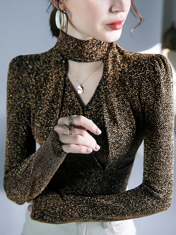 Bluza dugih rukava od zlatne svijetle pređe, ženska jesenska i zimska majica s visokim izrezom, seksi modna elastična majica s ovratnikom