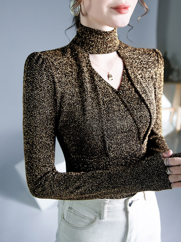 Bluza dugih rukava od zlatne svijetle pređe, ženska jesenska i zimska majica s visokim izrezom, seksi modna elastična majica s ovratnikom