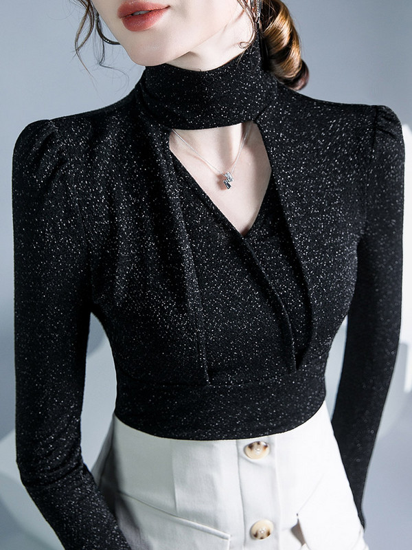 Bluza dugih rukava od zlatne svijetle pređe, ženska jesenska i zimska majica s visokim izrezom, seksi modna elastična majica s ovratnikom