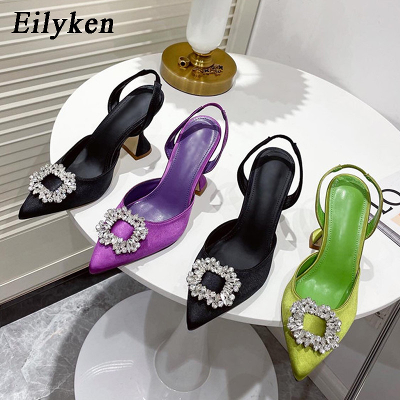 Eilyken Nové letné módne slnečné krištáľové sexi špicaté dámske lodičky dizajn nazúvacie gladiátorské sandále veľkosť 35-41