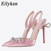 Eilyken cristal cu nod fluture vârf ascuțit femei pompe sexy striptease petrecere bal tocuri înalte mule pantofi satin femei sandale