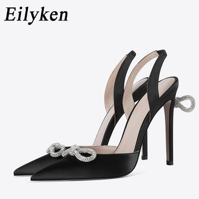Eilyken cristal cu nod fluture vârf ascuțit femei pompe sexy striptease petrecere bal tocuri înalte mule pantofi satin femei sandale