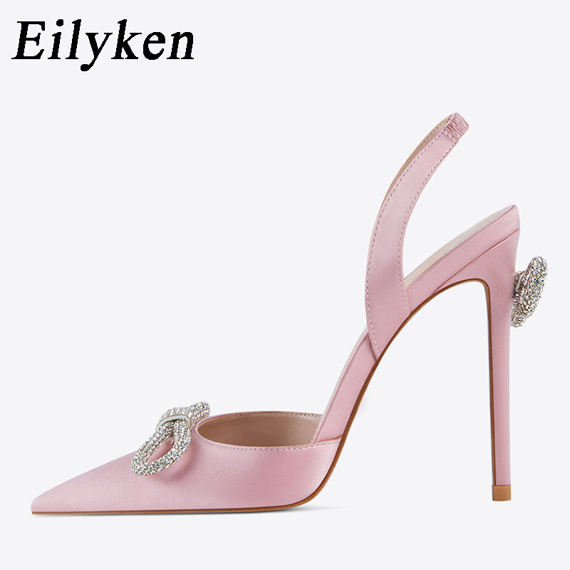 Eilyken cristal cu nod fluture vârf ascuțit femei pompe sexy striptease petrecere bal tocuri înalte mule pantofi satin femei sandale