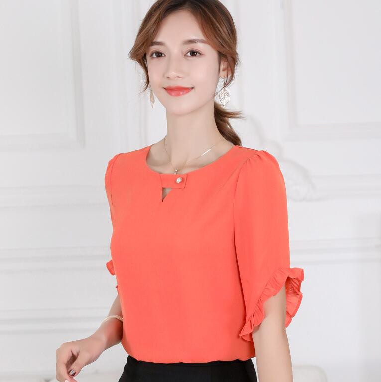 Kevadsuvi šifoonsärk naiste moepuhas värvitoonis lühikeste varrukatega, õhukese ülaosaga kontori naised, uus korea vaba aja tööpluus H7069