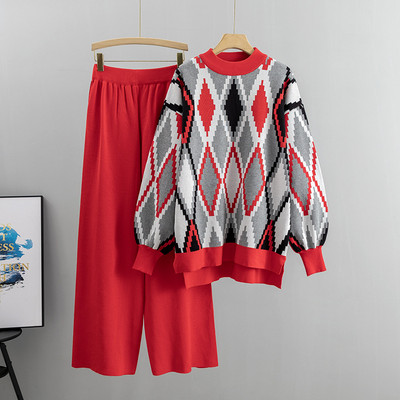 Debeli, topli Argyle pulover s O-izrezom Hlače širokih nogavica Jesen Zima Dvodijelni set ženskih uličnih širokih hlača