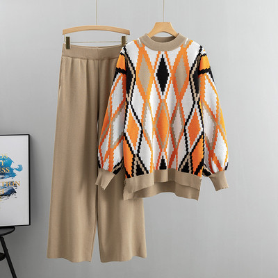 Debeli, topli Argyle pulover s O-izrezom Hlače širokih nogavica Jesen Zima Dvodijelni set ženskih uličnih širokih hlača